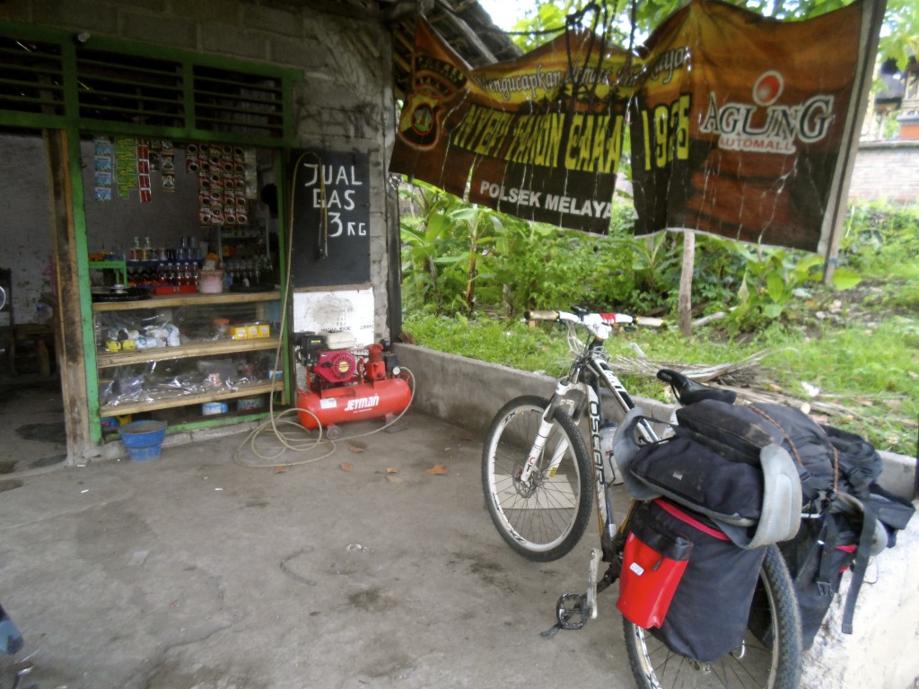 At the bicycle mechanic in Bali.