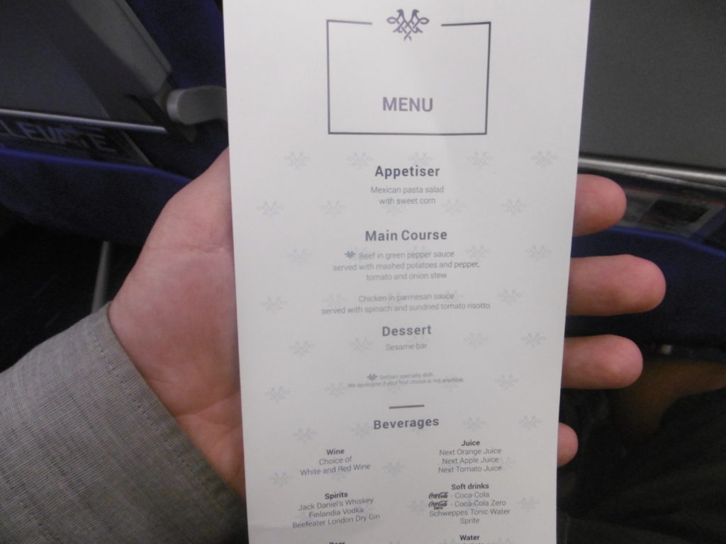 The menu on economy class, when flying with Air Serbia.