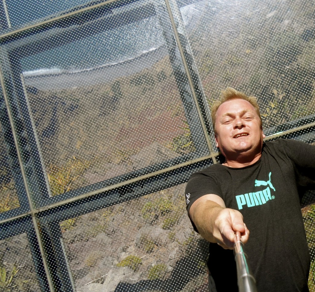 Selfie stick photo on the glass platform, before the crowds arrive.