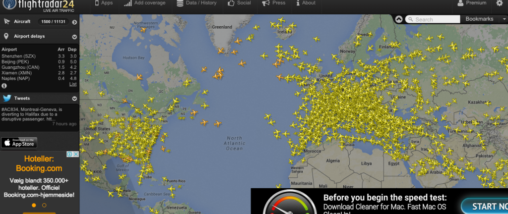 Flightradar24 showing a map of planes in the air right now.