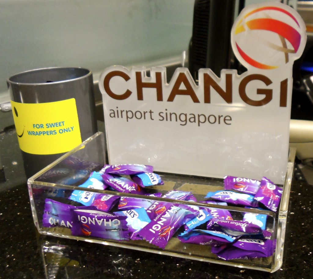 You get free candy when you arrive to Singapore emigration.