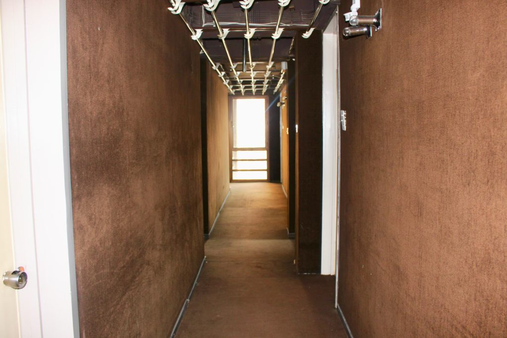 Brown wall carpet in the corridors.