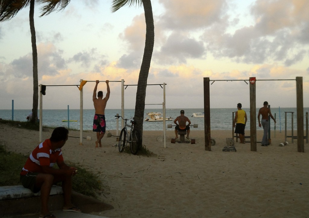 Guys working out on one of the many Brazilian beaches.